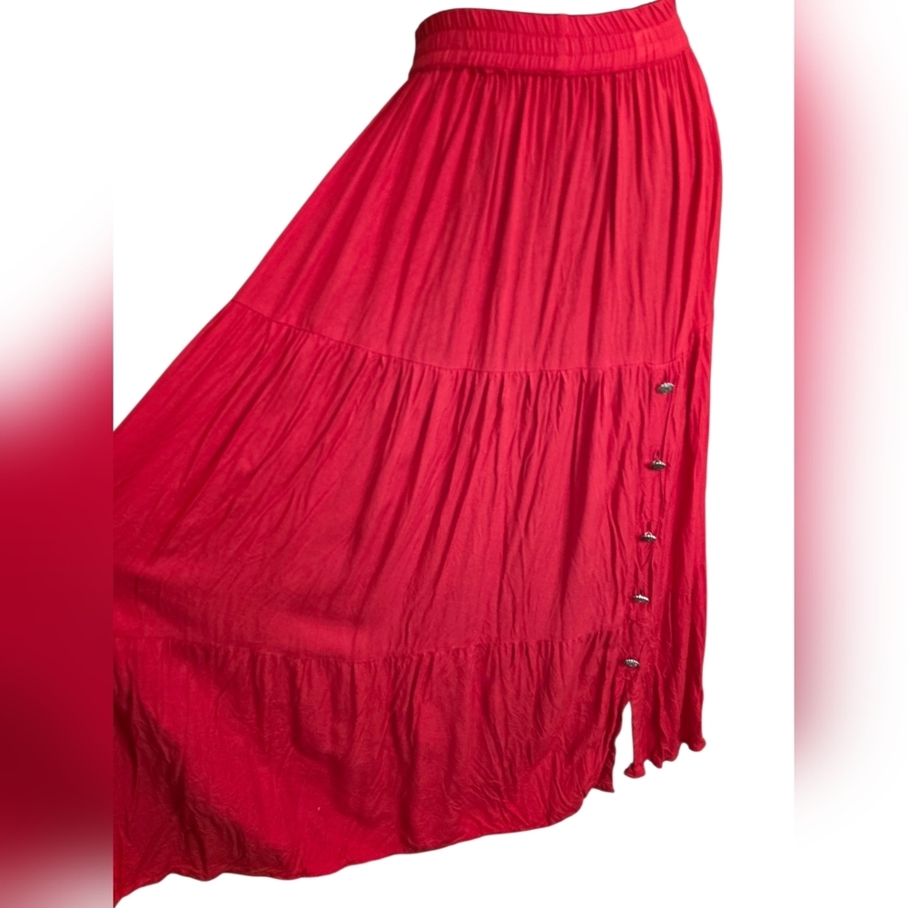 Crazy Cowgirl Red Tiered Maxi Skirt Concho Buttons Western Boho Flowy Rayon S - Picture 2 of 8